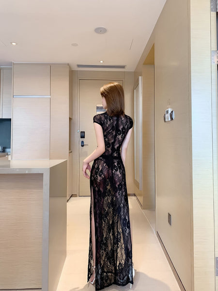 Temperament See Through V Neck Front Open Stand Collar High Side Split Lace Cheongsam Dress