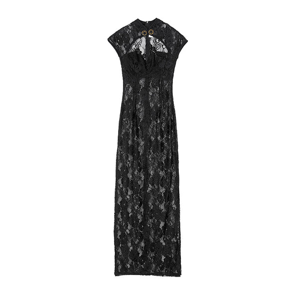 Temperament See Through V Neck Front Open Stand Collar High Side Split Lace Cheongsam Dress