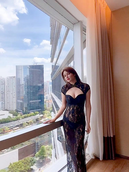 Temperament See Through V Neck Front Open Stand Collar High Side Split Lace Cheongsam Dress