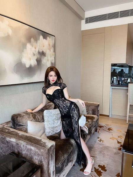 Temperament See Through V Neck Front Open Stand Collar High Side Split Lace Cheongsam Dress