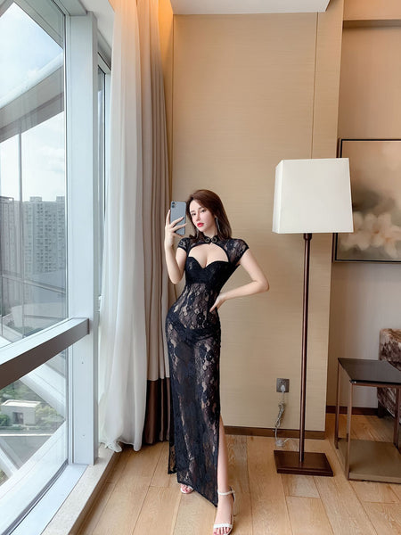 Temperament See Through V Neck Front Open Stand Collar High Side Split Lace Cheongsam Dress