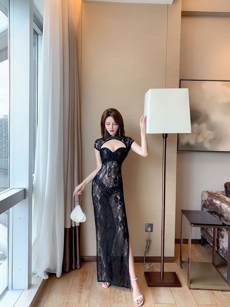 Temperament See Through V Neck Front Open Stand Collar High Side Split Lace Cheongsam Dress
