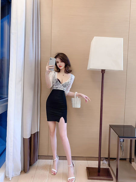 Sexy Floral Lace Stitching Low Cut Neck Top Middle Length Sleeves Fitting Hip Bodycon Dress
