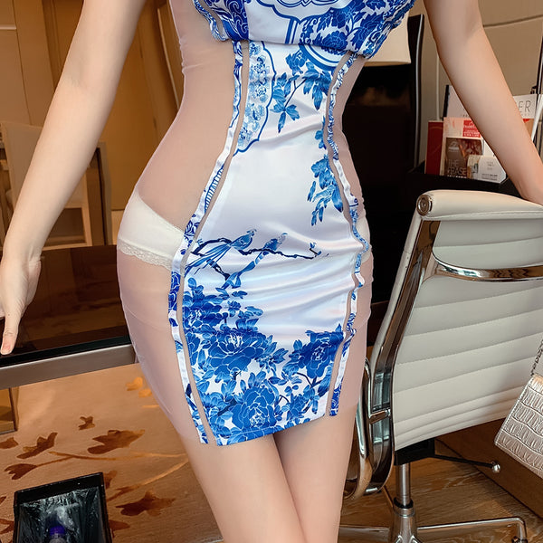 Sexy Off Shoulder Sweethead Neck Tube Top See Through Mesh Cheongsam Clubbing Bodycon Dress