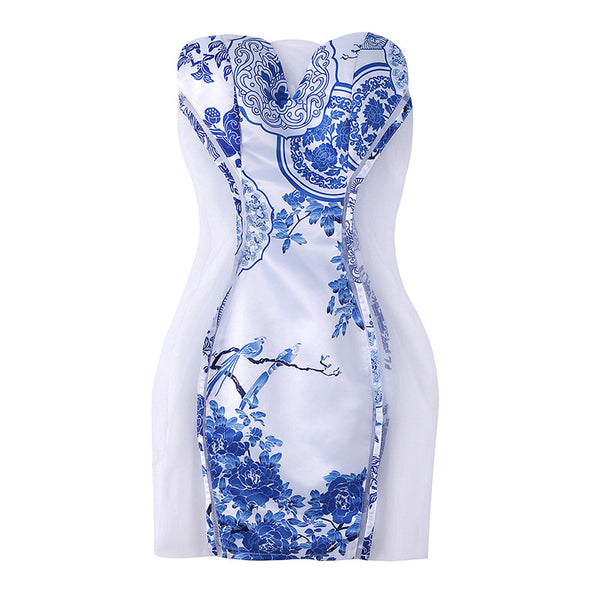 Sexy Off Shoulder Sweethead Neck Tube Top See Through Mesh Cheongsam Clubbing Bodycon Dress