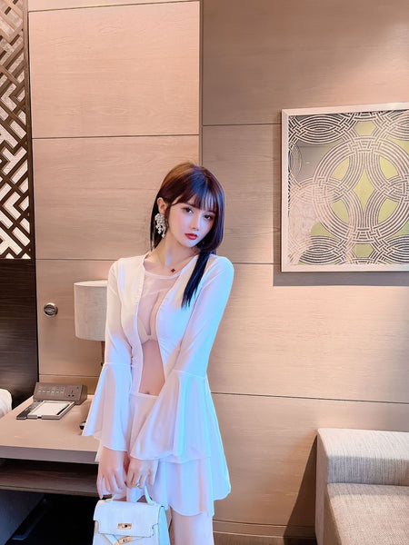 Gorgeous Mesh Front Open See Through Stitching Round Neck Long Flare Sleeves Pleated Dress