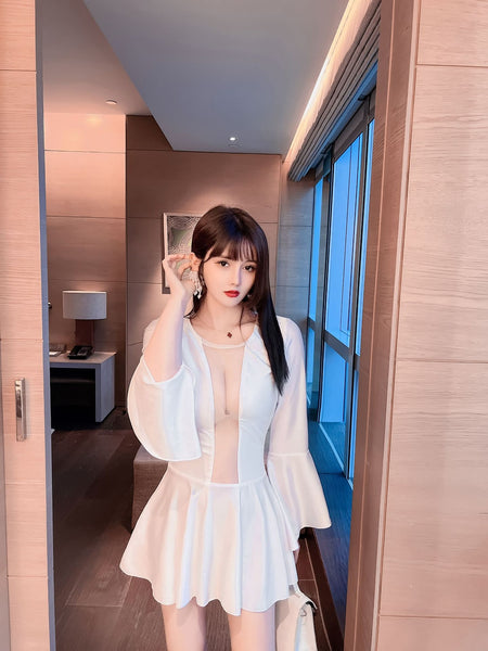 Gorgeous Mesh Front Open See Through Stitching Round Neck Long Flare Sleeves Pleated Dress