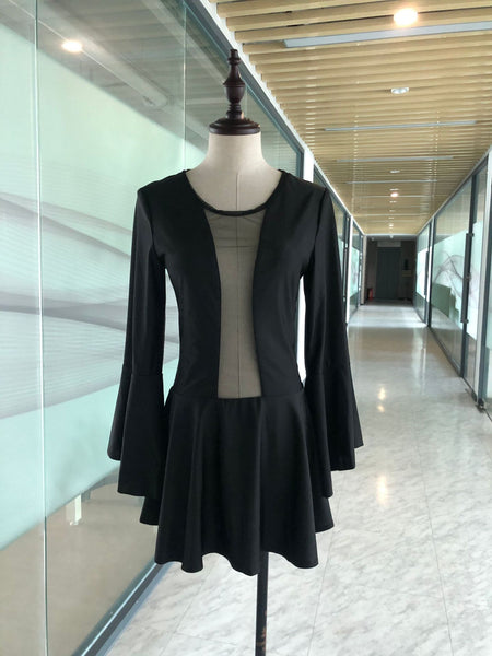 Gorgeous Mesh Front Open See Through Stitching Round Neck Long Flare Sleeves Pleated Dress