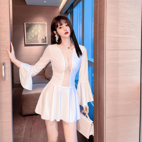 Gorgeous Mesh Front Open See Through Stitching Round Neck Long Flare Sleeves Pleated Dress