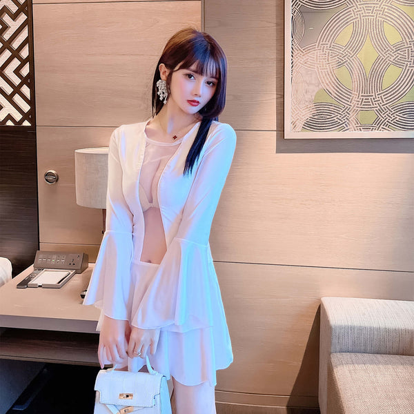 Gorgeous Mesh Front Open See Through Stitching Round Neck Long Flare Sleeves Pleated Dress