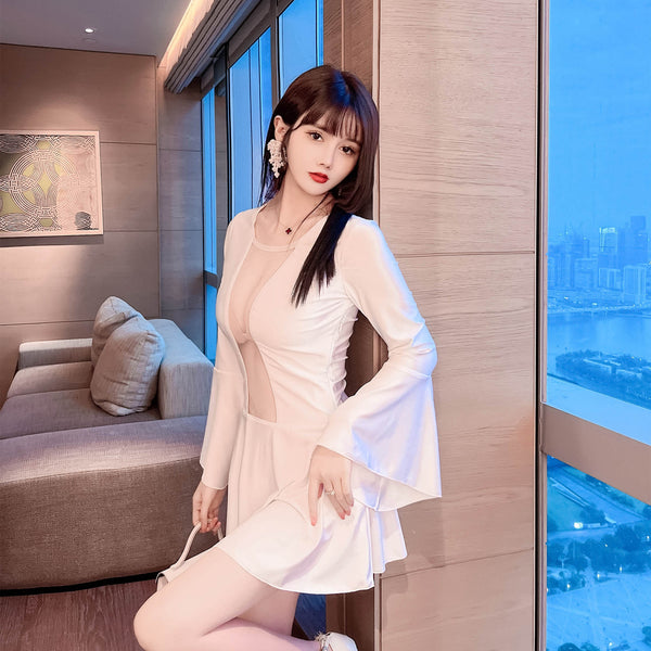 Gorgeous Mesh Front Open See Through Stitching Round Neck Long Flare Sleeves Pleated Dress