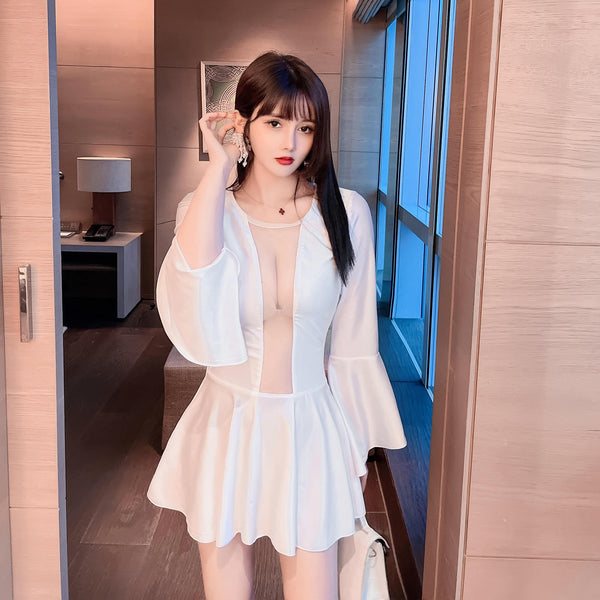 Gorgeous Mesh Front Open See Through Stitching Round Neck Long Flare Sleeves Pleated Dress