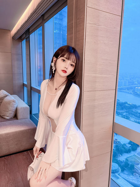 Gorgeous Mesh Front Open See Through Stitching Round Neck Long Flare Sleeves Pleated Dress
