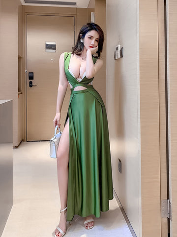Thumbs Up Sexy Low Cut Deep V Neck Front Cross High Waist Slit Split Thigh Long Dress