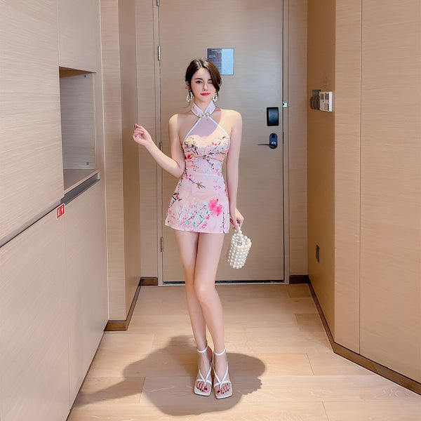 Gorgeous Mandarin Stand Collar Halter Neck Open Back Strap High Waist Short Cheongsam Mini Skirt