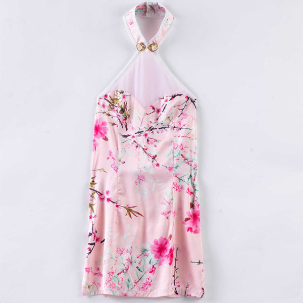 Gorgeous Mandarin Stand Collar Halter Neck Open Back Strap High Waist Short Cheongsam Mini Skirt