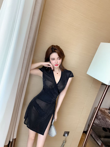 Great Perfect Women V Neck Cheongsam Short Length Sleeves Stitching Side Slit See Through Short Dress