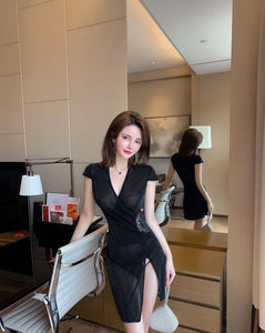 Great Perfect Women V Neck Cheongsam Short Length Sleeves Stitching Side Slit See Through Short Dress