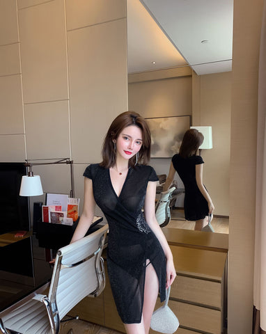 Great Perfect Women V Neck Cheongsam Short Length Sleeves Stitching Side Slit See Through Short Dress