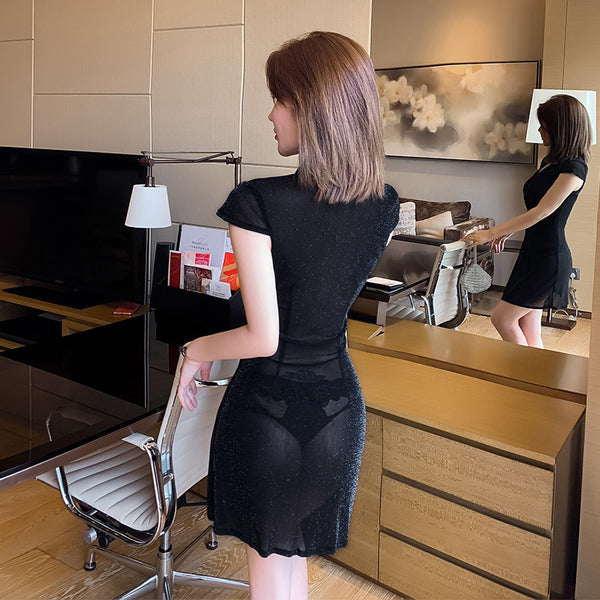 Great Perfect Women V Neck Cheongsam Short Length Sleeves Stitching Side Slit See Through Short Dress