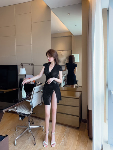 Great Perfect Women V Neck Cheongsam Short Length Sleeves Stitching Side Slit See Through Short Dress