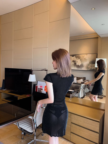 Great Perfect Women V Neck Cheongsam Short Length Sleeves Stitching Side Slit See Through Short Dress