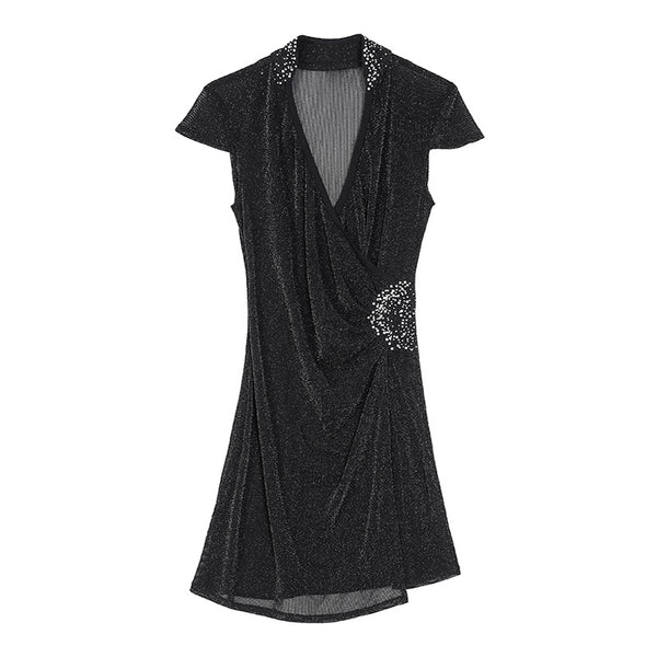Great Perfect Women V Neck Cheongsam Short Length Sleeves Stitching Side Slit See Through Short Dress