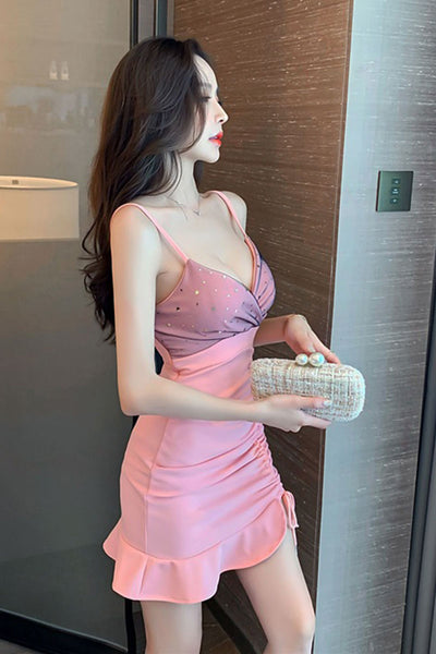 Sexy Holiday Women Spaghetti Straps Deep V Neck Open Back High Hip Side Tie Short Pleated Dress