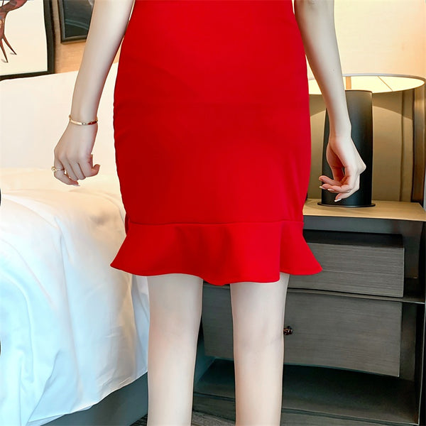 Sexy Holiday Women Spaghetti Straps Deep V Neck Open Back High Hip Side Tie Short Pleated Dress