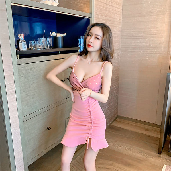 Sexy Holiday Women Spaghetti Straps Deep V Neck Open Back High Hip Side Tie Short Pleated Dress