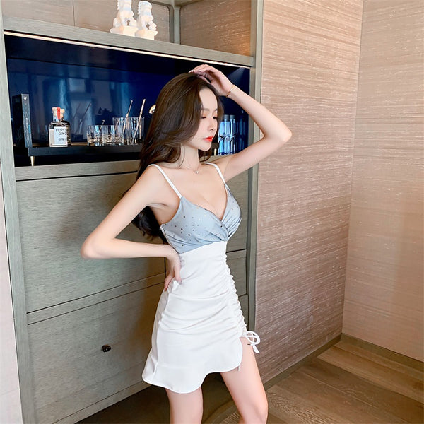 Sexy Holiday Women Spaghetti Straps Deep V Neck Open Back High Hip Side Tie Short Pleated Dress