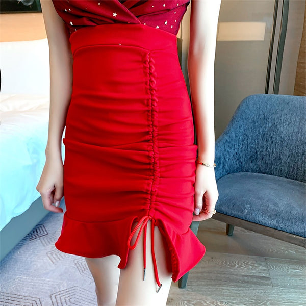 Sexy Holiday Women Spaghetti Straps Deep V Neck Open Back High Hip Side Tie Short Pleated Dress