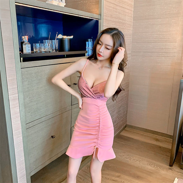 Sexy Holiday Women Spaghetti Straps Deep V Neck Open Back High Hip Side Tie Short Pleated Dress