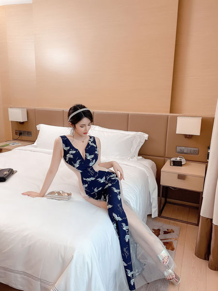 Sexy V Neck Sleeveless Side Transparent Swan Printed Mesh Cheongsam Club Bodycon Dress