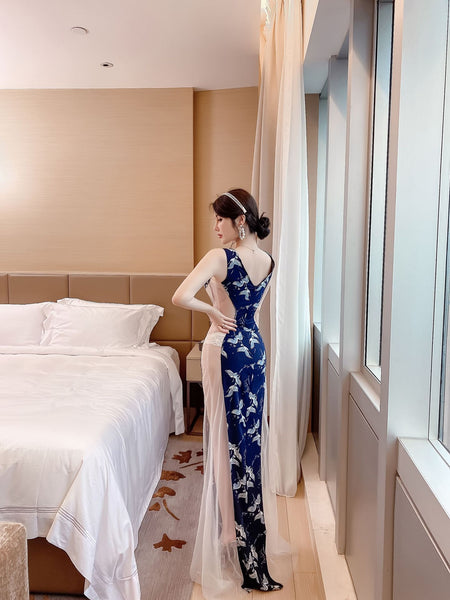 Sexy V Neck Sleeveless Side Transparent Swan Printed Mesh Cheongsam Club Bodycon Dress