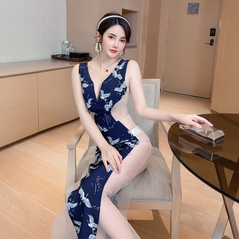 Sexy V Neck Sleeveless Side Transparent Swan Printed Mesh Cheongsam Club Bodycon Dress