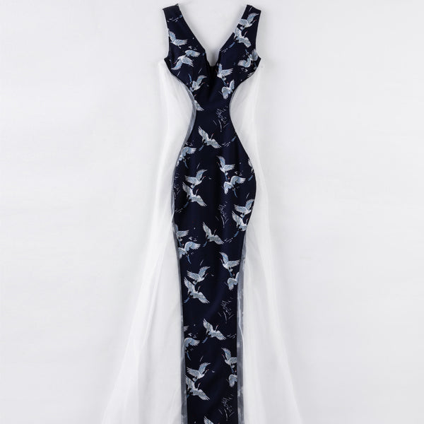 Sexy V Neck Sleeveless Side Transparent Swan Printed Mesh Cheongsam Club Bodycon Dress