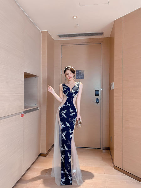 Sexy V Neck Sleeveless Side Transparent Swan Printed Mesh Cheongsam Club Bodycon Dress