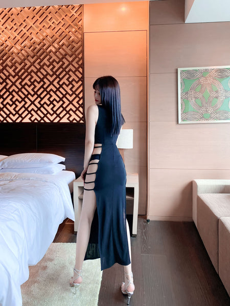 Sexy Cozy Deep V Halter Neck Sleeveless Side Slit Split Long Cheongsam Slit Club Dress