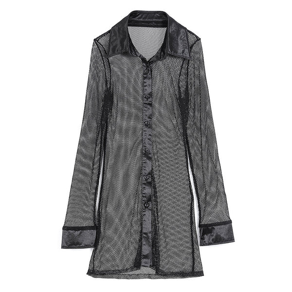 Sexy Great Look See Through Fishnet Front Button Shirt Collar Long Sleeves Clubbing Dress