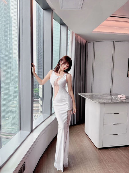 Temperament Patchwork Sleeveless Front See Through Side Spit Lace Tight Clubbing Long Dress