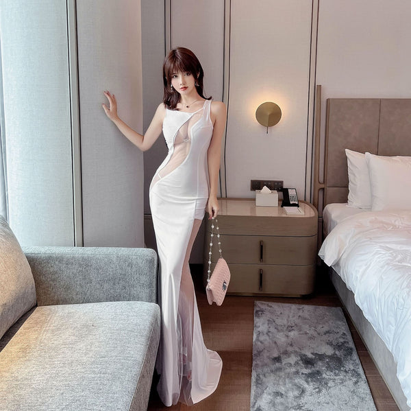 Temperament Patchwork Sleeveless Front See Through Side Spit Lace Tight Clubbing Long Dress
