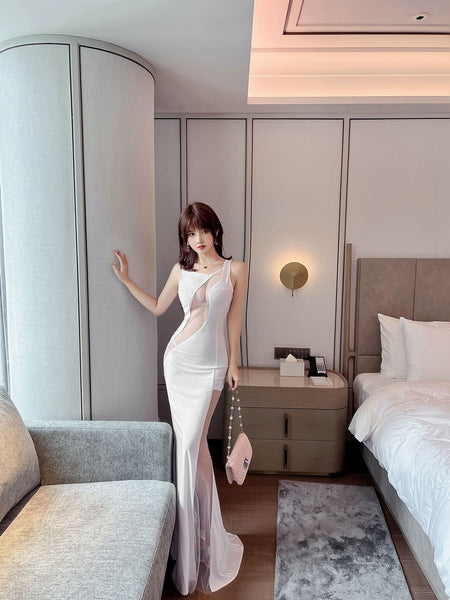 Temperament Patchwork Sleeveless Front See Through Side Spit Lace Tight Clubbing Long Dress