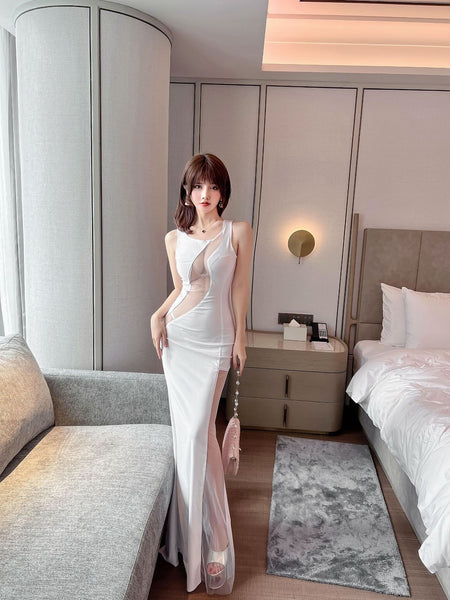 Temperament Patchwork Sleeveless Front See Through Side Spit Lace Tight Clubbing Long Dress