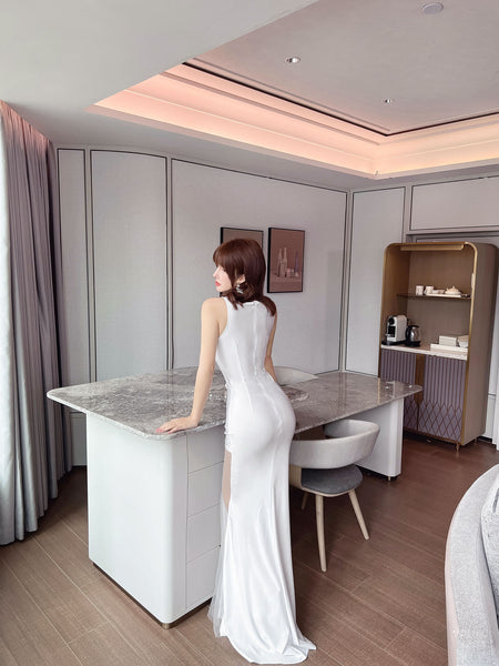 Temperament Patchwork Sleeveless Front See Through Side Spit Lace Tight Clubbing Long Dress