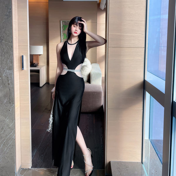 Attractive Sleeveless Symmetrical Deep V See Through Waist Both Side Spit Party Evening Long Dress