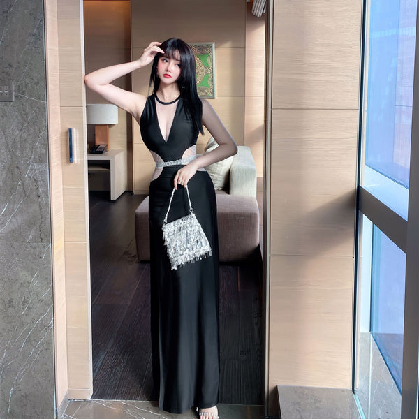 Attractive Sleeveless Symmetrical Deep V See Through Waist Both Side Spit Party Evening Long Dress