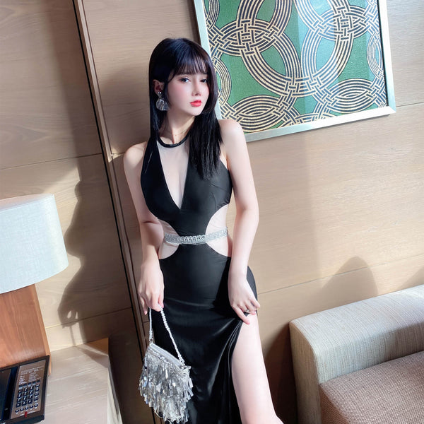 Attractive Sleeveless Symmetrical Deep V See Through Waist Both Side Spit Party Evening Long Dress