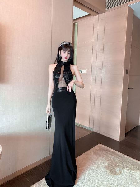 Sequined Bead Cut Out Front Open Back See Through Sleeveless Side Slit Fish Tail Party Evening Long Dress