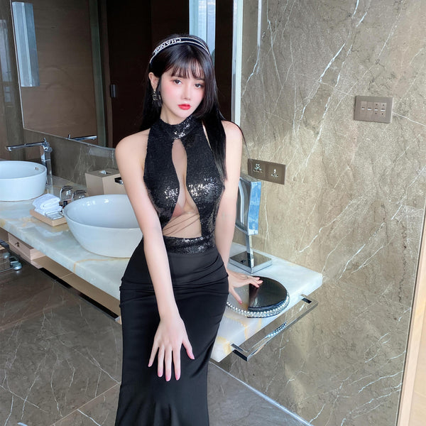 Sequined Bead Cut Out Front Open Back See Through Sleeveless Side Slit Fish Tail Party Evening Long Dress